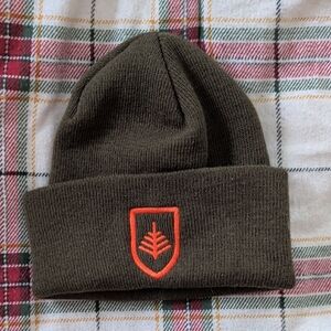 Olive Green Beanie with Orange Emblem